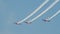 29 AUGUST 2019 MOSCOW, RUSSIA: Russian Air Forces - Three red military jets with front propellers flying down in the sky