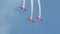 29 AUGUST 2019 MOSCOW, RUSSIA: Russian Air Forces - Three red military jets with front propellers performing pattern in
