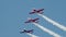 29 AUGUST 2019 MOSCOW, RUSSIA: Three military jets synchronously flying up in the blue sky and performing a show -