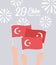 29 ekim Cumhuriyet Bayrami kutlu olsun, turkey republic day, hands with flags fireworks celebration card