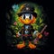 2D abstract feather graffiti duck wearing pirates uniforms surrounder by colorful trophical plants