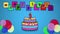 2D animated cake, balloon, and fireworks for third birthday.