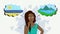 2D animation, African American woman standing with think clouds on both sides. Girl dreaming about on vacations on the