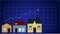 2D animation, arrow moving up on graphic at blue background as bigger and bigger houses appearing at the bottom. Raise