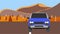 2D animation of a blue car driving down a road