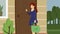 2d animation, brunette Caucasian woman coming to house of lonely elderly lady with grocery bag. Young girl taking care