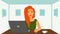 2D animation, Caucasian woman with red hair and green eyes sitting at the table with laptop and coffee cup, and showing