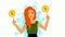 2D animation, Caucasian woman with red hair and green eyes standing with hands up, holding Dollar signs on fingers
