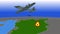 2D animation, grey bomber flying over green country and dropping bombs. War, conflict, heavy weapon, bombardment