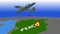 2D animation, grey bomber flying over green country with Peace written, and dropping bombs. War, conflict, heavy weapon