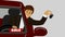 2D animation of happy Caucasian man in business suit looking out of car window with Sale sign. Successful businessman