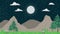 2d animation of a landscape. Night time illustration of mountains and hills with green grass and trees. 2d motion of moon and clou