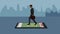 2D animation, male African American businessman in suit walking on smartphone, city buildings appearing on background