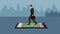 2D animation, male Caucasian businessman in suit walking on smartphone, city buildings appearing on background. Global