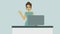 2D animation, portrait of receptionist standing at the reception desk. Zooming in, woman waving and smiling, zooming out