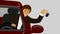 2D animation of smiling Caucasian man in business suit looking out of car window and showing keys. Successful