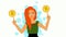 2D animation, smiling Caucasian redhead woman standing with hands up, holding Bitcoin signs on fingers. Trading, online