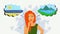 2D animation, thoughtful Caucasian redhead woman standing with think clouds on both sides. Girl deciding on vacations on