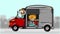 2D animation of truck full of different goods and parcels moving city background.