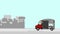 2D animation of truck full of different goods and parcels moving city background.