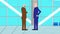 2D animation of two business man character talking each other in modern office area