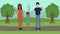 2D animation, young happy family standing in park, waving at camera and smiling. Caucasian father spending time with
