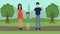 2D animation, young happy Japanese family standing in park, waving at camera and smiling. Father spending time with