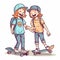 2d cartoon illustration of two teenagers having fun playing with skateboards.