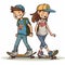 2d cartoon illustration of two teenagers having fun playing with skateboards.
