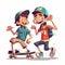 2d cartoon illustration of two teenagers having fun playing with skateboards.