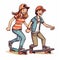 2d cartoon illustration of two teenagers having fun playing with skateboards.