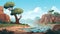 2d Cartoon Prehistory Game Asset: Estuary With Trees, Stones, And Hill