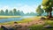 2d Cartoon Prehistory Game Asset: Estuary With Trees, Stones, And Hill