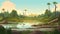 2d Cartoon Prehistory Game Asset: Forest And River Landscape