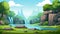 2d Cartoon Prehistory Game Asset: Waterfall With Trees And Stones