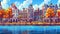 2d vintage cityscape with victorian buildings in autumn along a lake promenade. Cartoon game with colonial architecture