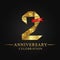 2nd anniversary years celebration logotype. Logo ribbon gold number and red ribbon on black background.