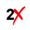2x logo icon. X2 text letter, double faster logotype symbol