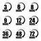 3, 6, 8, 9, 12, 24, 36, 48 and 72 hours clock arrow vector icons