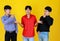 3 adults asian men close friends team, 2 men finger pointing to 1 of team who feel confused look like don`t understand with