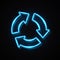 3 arrows in circle blue neon sign on dark transparent background. Reload refresh recycle progress symbol.