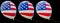 3 balloons with the image of the national flag of USA, with different intensity of color. 3D render illustration isolated on black