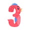 3 bird number. Three red numeral with eyes, beak and wings cute cartoon vector illustration