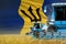 3 blue modern combine harvesters with Barbados flag on rural field - close view, farming concept - industrial 3D illustration