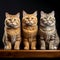 3 british short hair cats lined up in a wooden surface isolated in black background. AI generative image