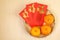 3 Chinese tangerines in basket with Chinese New Year red packets