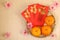 3 Chinese tangerines in basket with Chinese New Year red packets - Series 3
