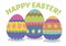 3 colourful Easter eggs on a white background with the text Happy Easter