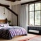 3 A cozy, farmhouse-style bedroom with a mix of floral and gingham bedding, a white wooden bed frame, and a large, vintage-inspi