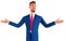 3 d cartoon character. Businessman smiling cheerfully with open arms as a friendly welcome, positive and confident